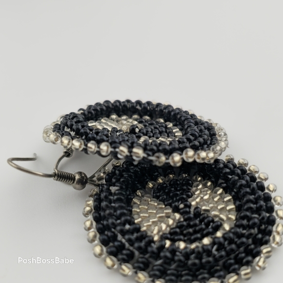 Handmade Black & Silver Beaded Earrings – 1.25" Diameter - Picture 12 of 15